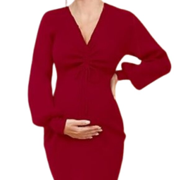 Red V Neck Latern Sleeve Side Slit Maternity Sweater Dress NWT! - Size M - Picture 4 of 15